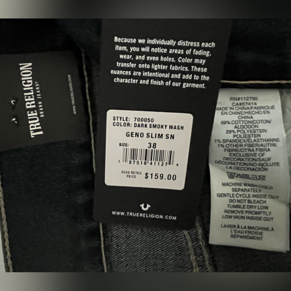 True Religion Geno SN Relaxed Slim Jeans Size 38x32 Dark Smoky Wash - Picture 13 of 13